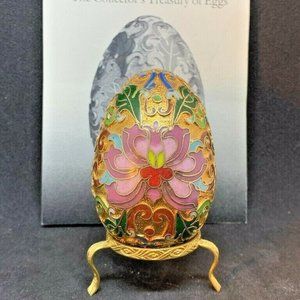 VTG! Precious Chinese Cloisonne Lotus Enamel Egg Statue Handmade w/Stand ~24KT